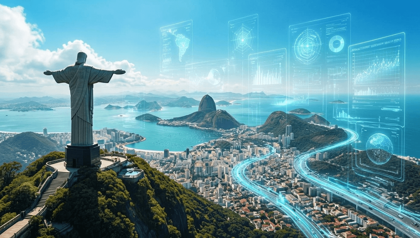 Painel de gestão empresarial iluminado sobre uma cidade brasileira à noite